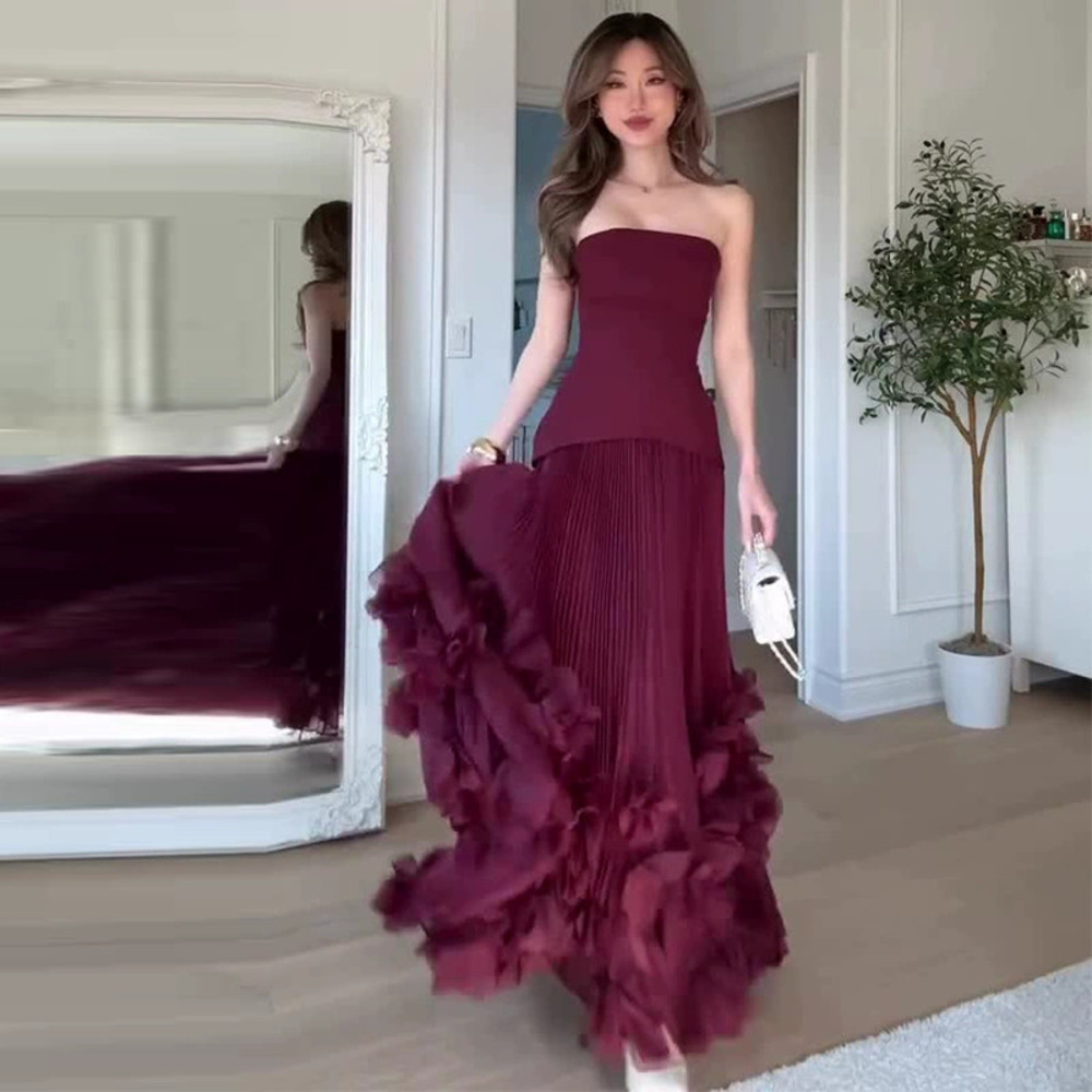 Forever 21 Summer Strapless Tie Waist Deep Red Ruffle Dress